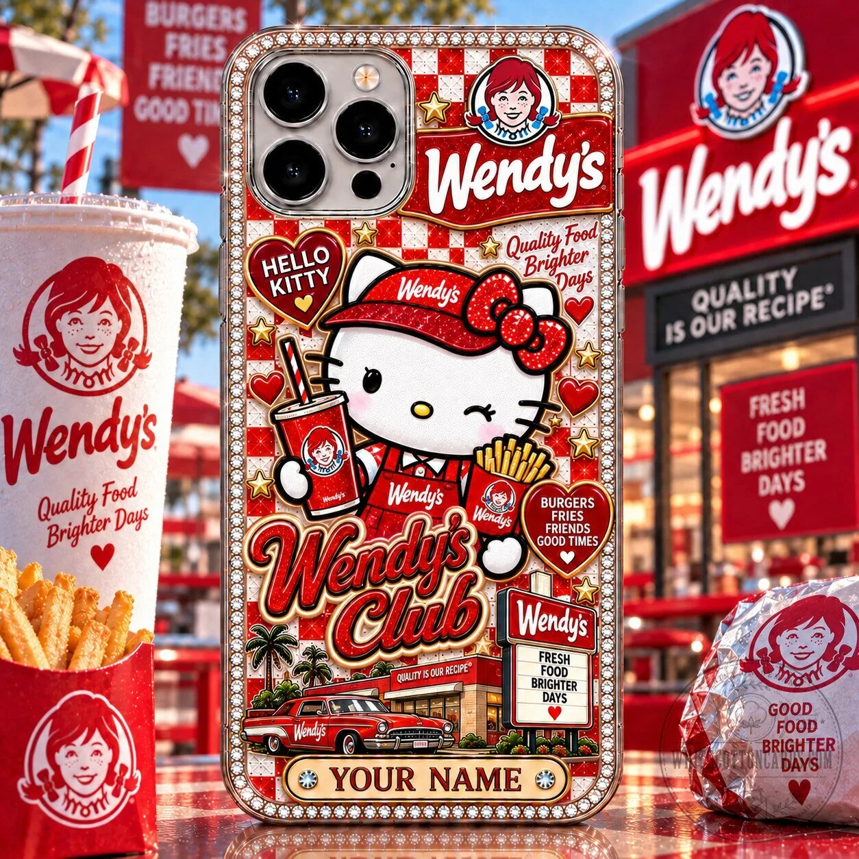 Hello Kitty and Wendy's Fast Food Restaurant Custom Name Phone Case