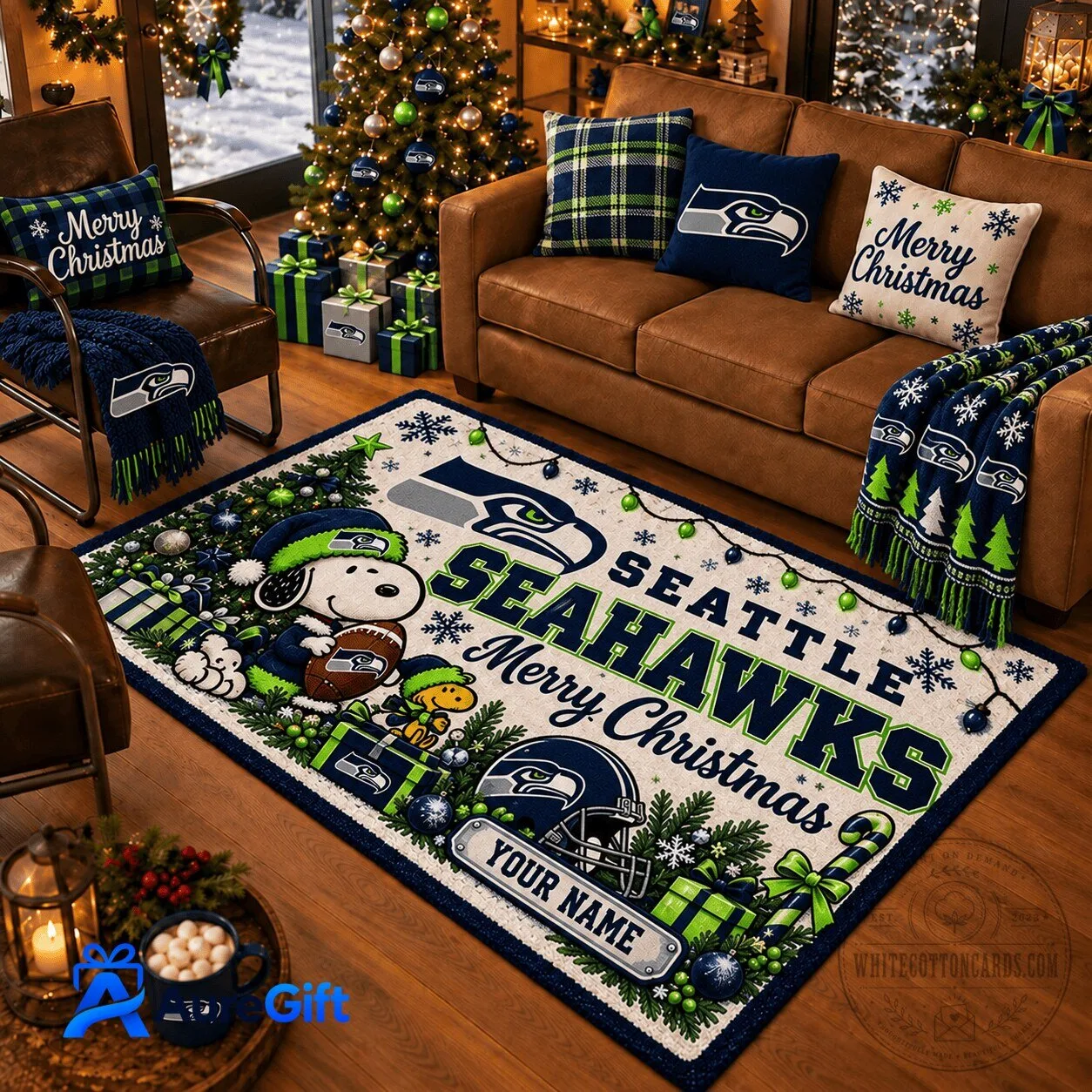 Seattle Seahawks Snoopy Merry Christmas Personalized Football Fan Area Rug