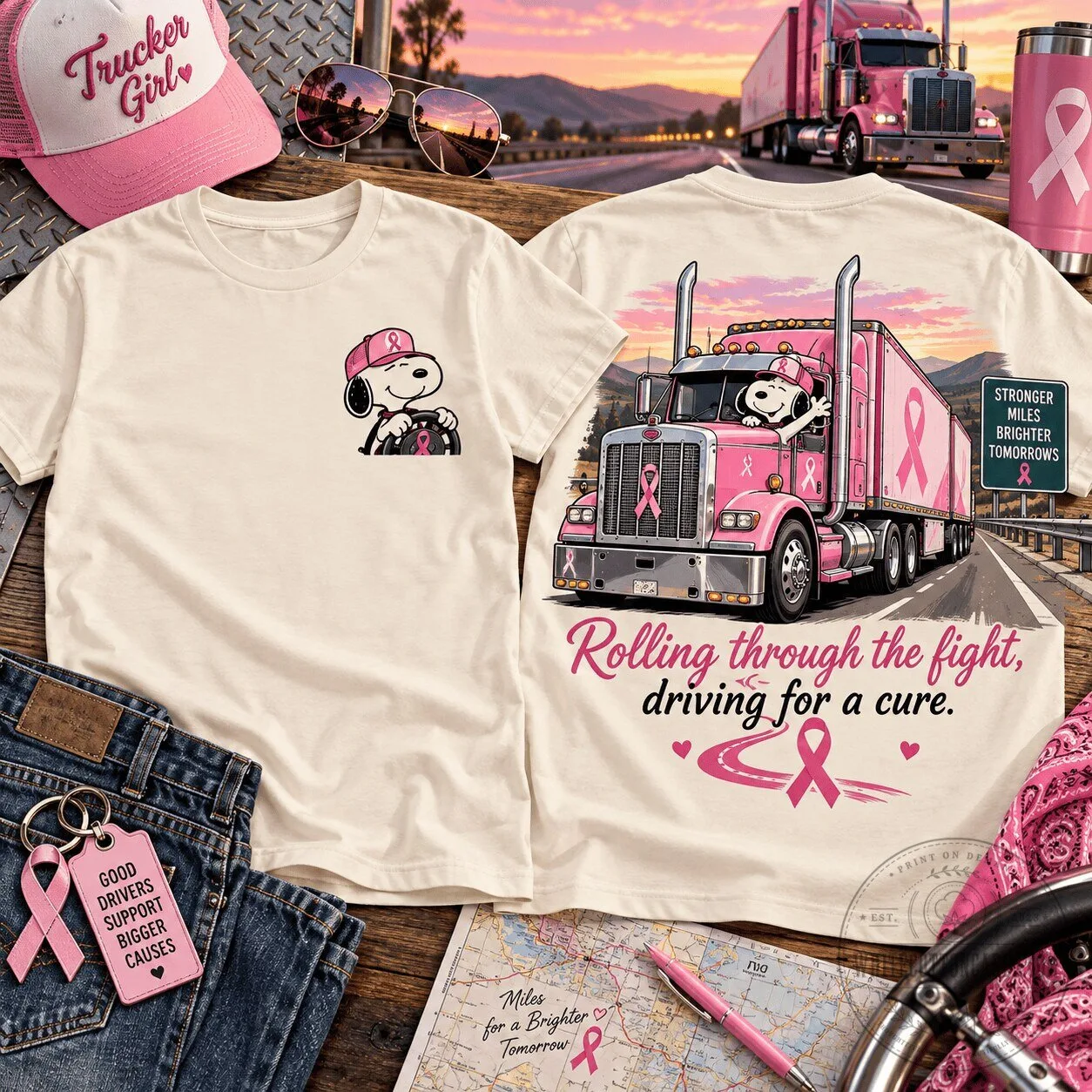 Snoopy Breast Cancer Awareness Truck Driver Pink Ribbon T-Shirt