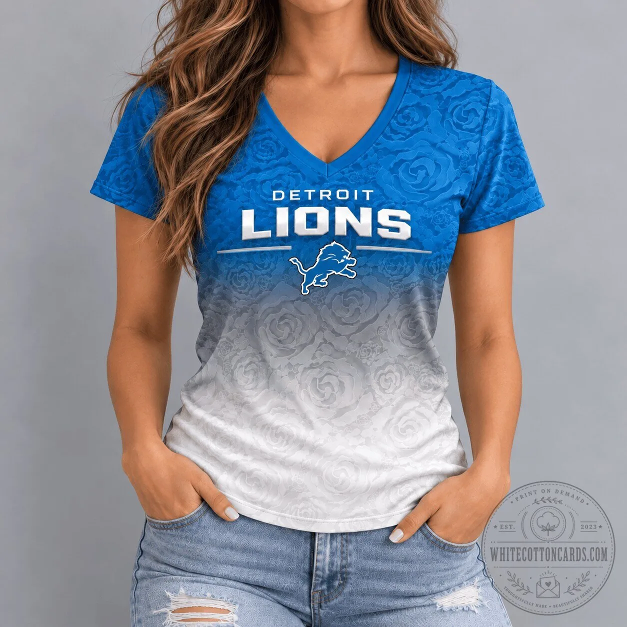 Detroit Lions NFL Embossed Rose Ombre Women's V-Neck T-Shirt 2 Detroit Lions NFL Embossed Rose Ombre Women's V-Neck T-Shirt