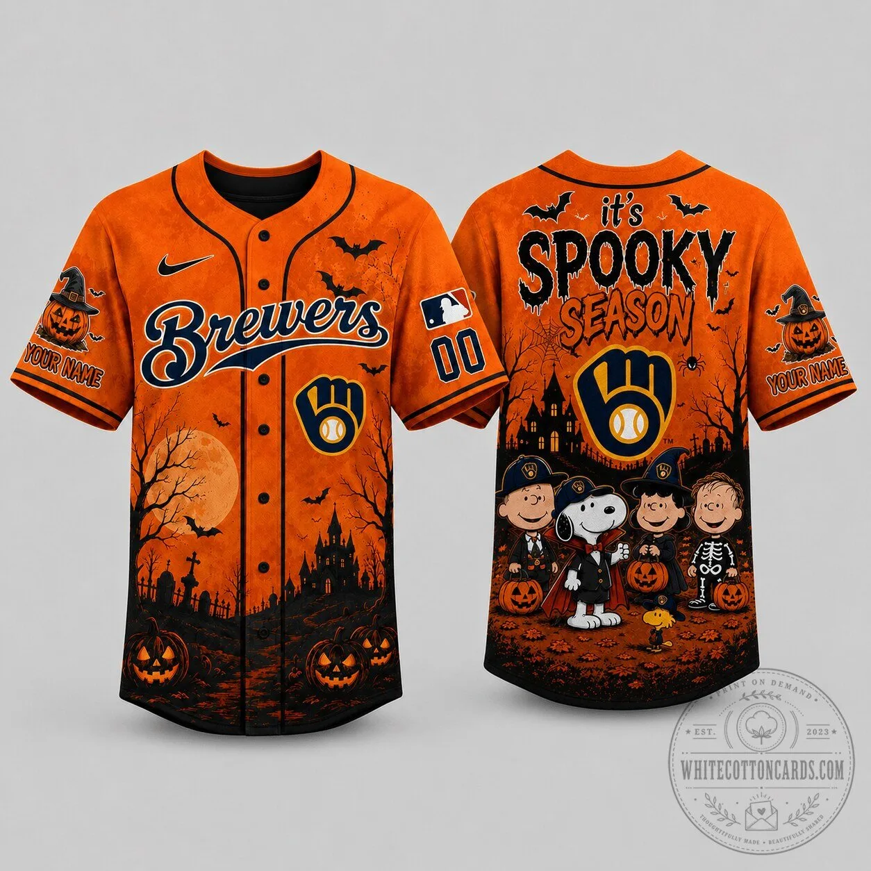 Custom Baseball Jersey for Halloween Featuring Snoopy and Milwaukee Brewers Spooky Season Theme