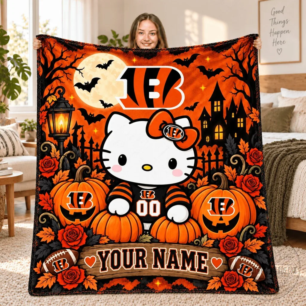 Cincinnati Bengals Hello Kitty Halloween Moon Bats Pumpkins Fleece Blanket Cincinnati Bengals Hello Kitty Halloween Moon Bats Pumpkins Fleece Blanket