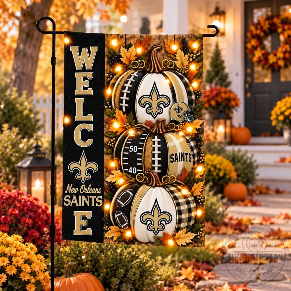 New Orleans Saints Halloween Welcome Garden Flag with Pumpkins and Footballs New Orleans Saints Halloween Welcome Garden Flag with Pumpkins and Footballs