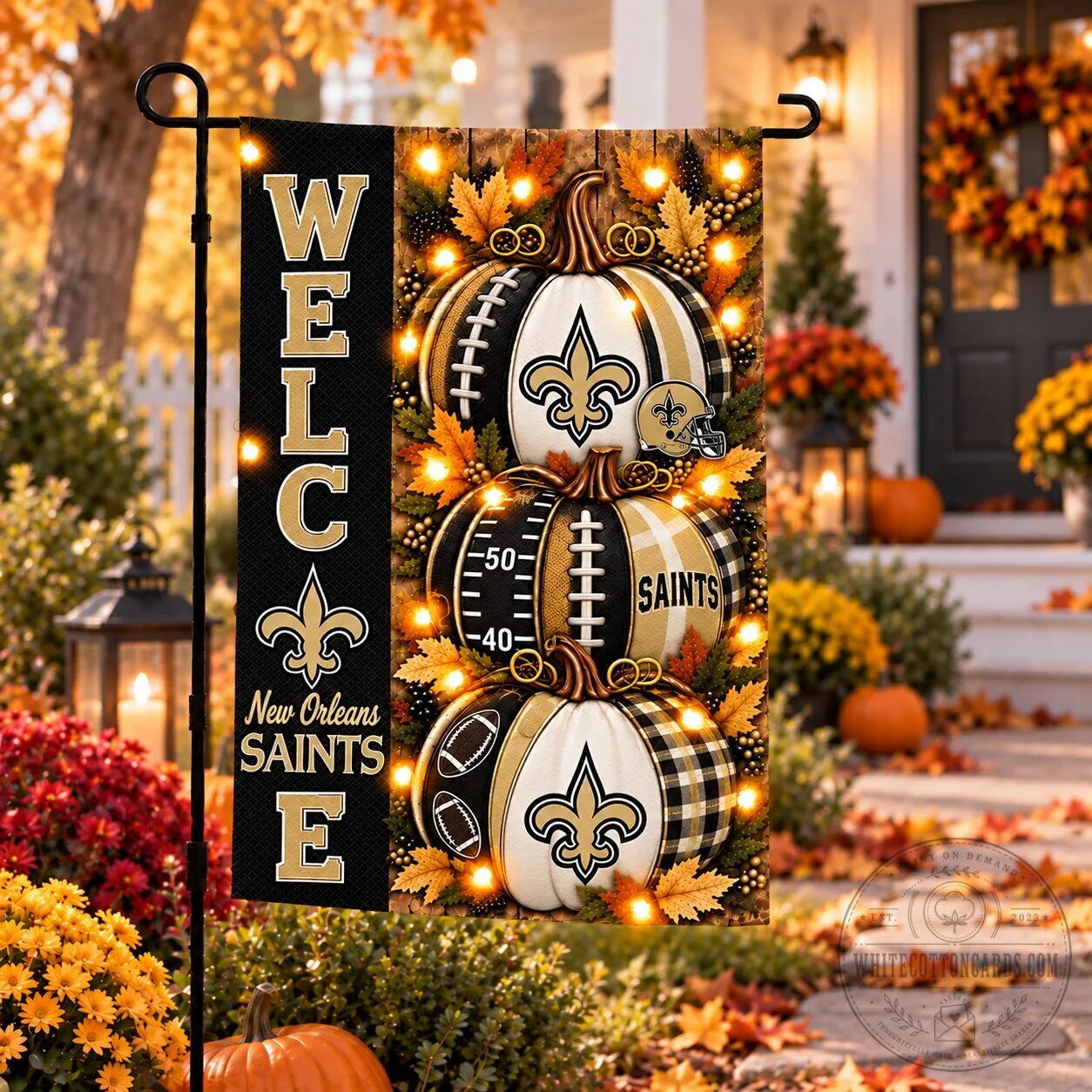 New Orleans Saints Halloween Welcome Garden Flag with Pumpkins and Footballs