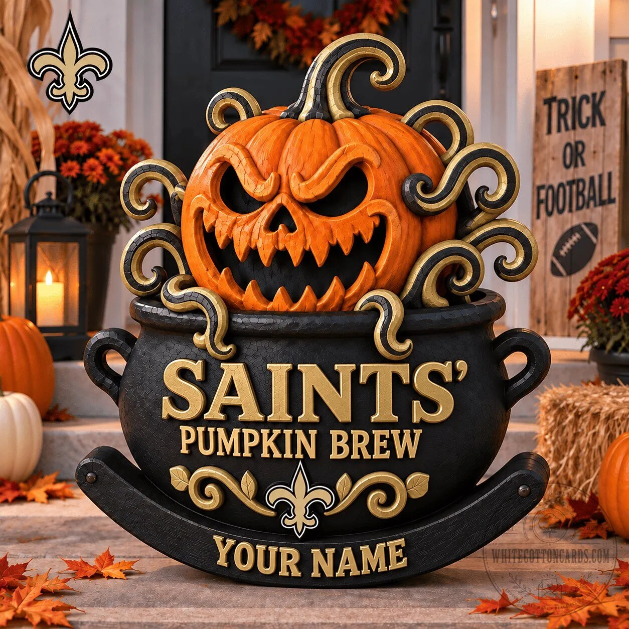 New Orleans Saints Pumpkin Brew Halloween Cauldron Personalized Wooden Block