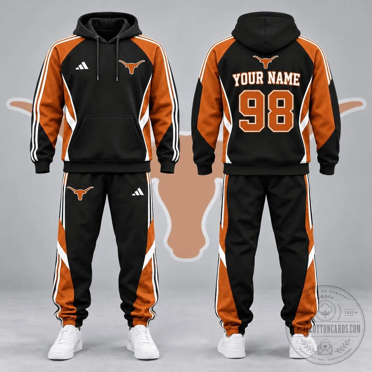 Texas Longhorns Personalized Black and Orange Hoodie and Jogger Set