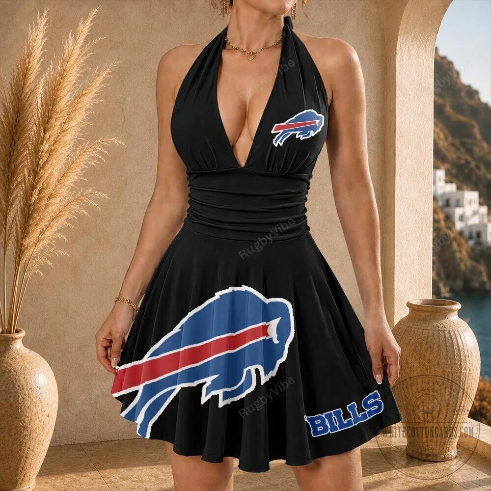 Buffalo Bills Football Team Logo Halter Neck Black Mini Dress for Women 3 Buffalo Bills Football Team Logo Halter Neck Black Mini Dress for Women