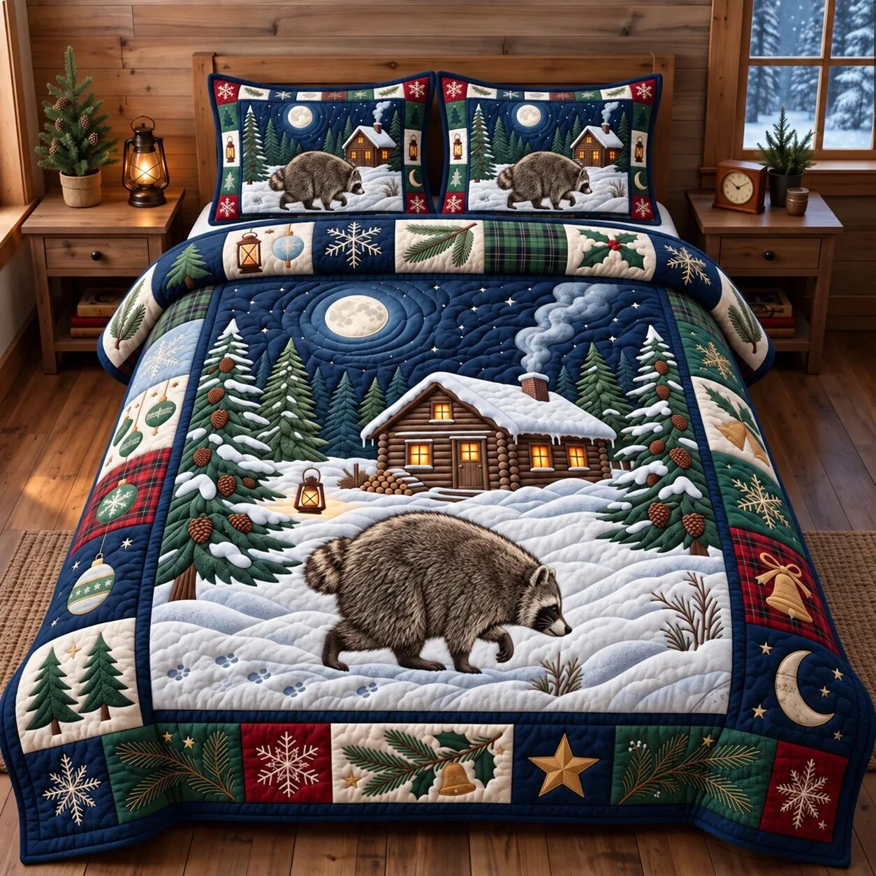 Winter Raccoon Cabin Quilted Bedding Set with Pillow Shams