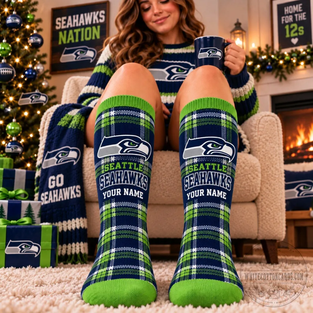 Seattle Seahawks NFL Plaid Custom Name Crew Socks for Football Fan Seattle Seahawks NFL Plaid Custom Name Crew Socks for Football Fan