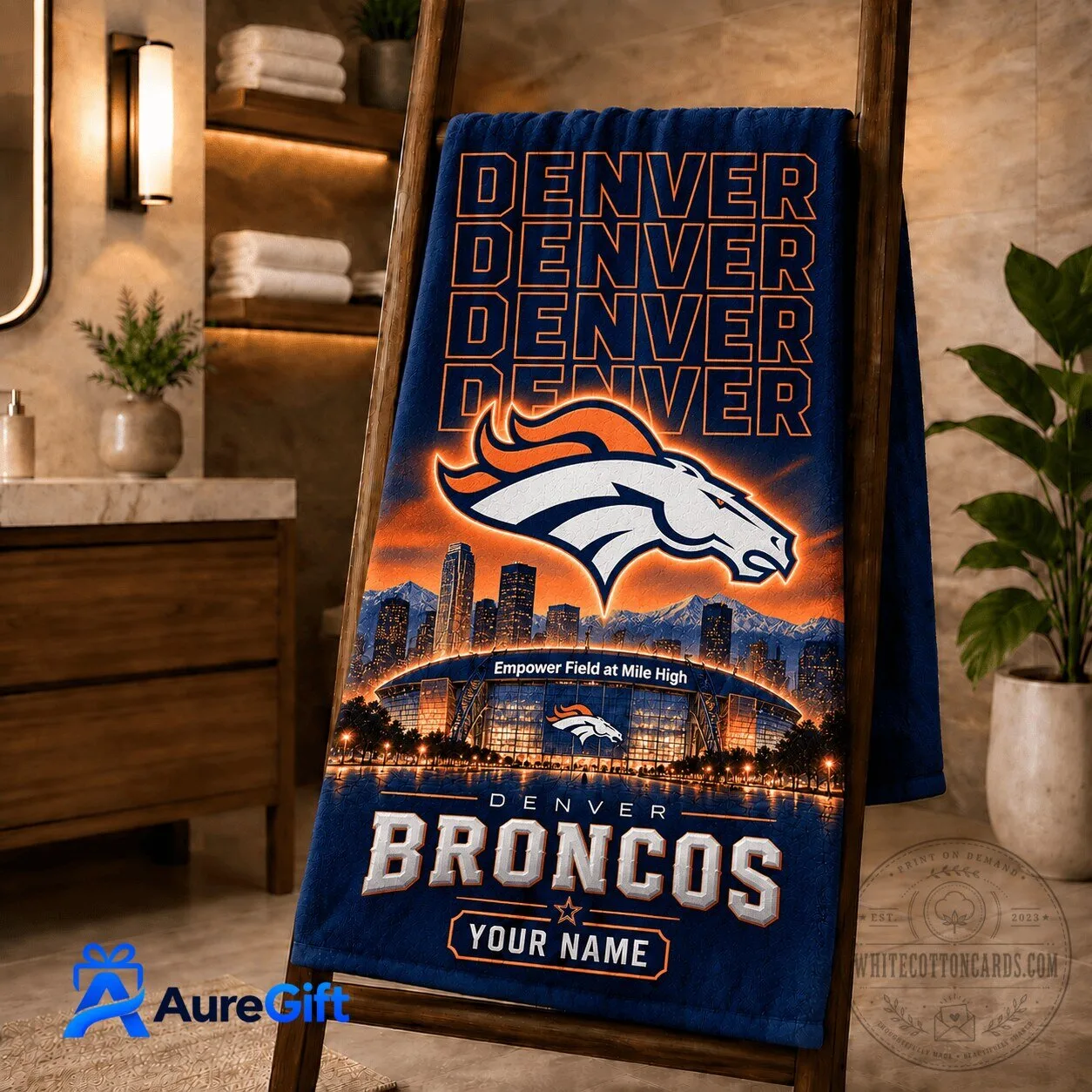 Denver Broncos Personalized Football Team Logo Premium Bath Towel