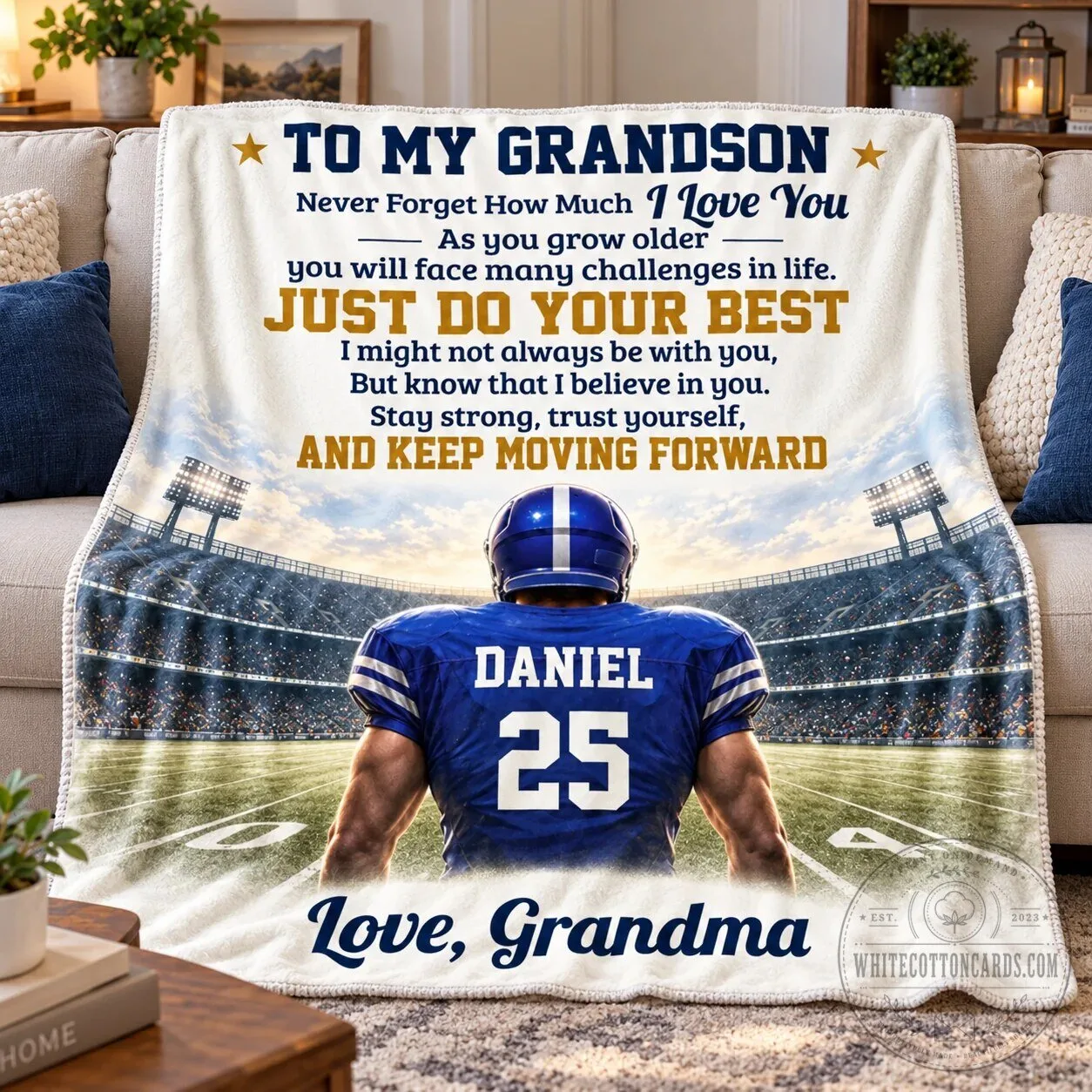 Personalized Grandson Football Player Stadium Inspirational Message Blanket