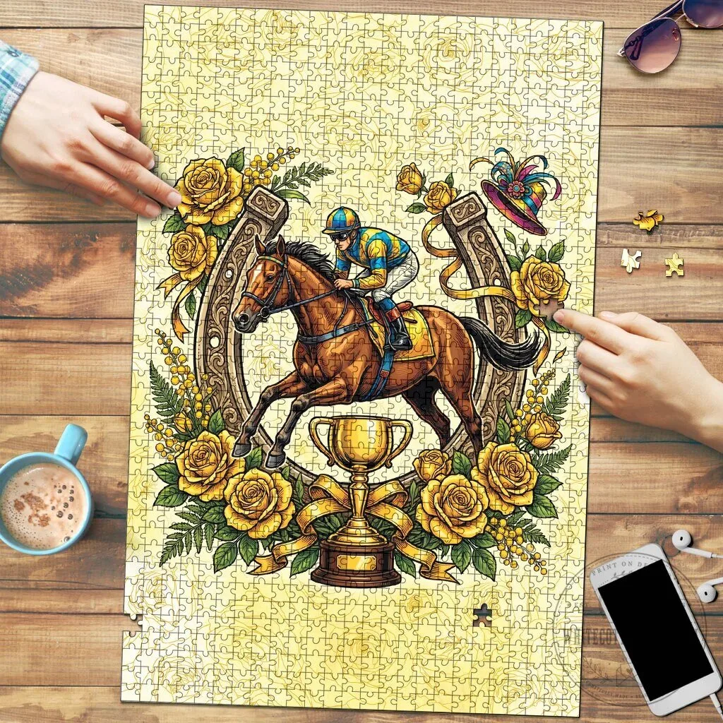Melbourne Horse Race Jigsaw Puzzle with Yellow Roses and Horseshoe Design 5 Melbourne Horse Race Jigsaw Puzzle with Yellow Roses and Horseshoe Design