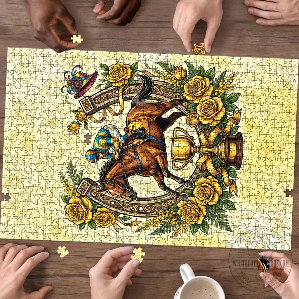 Melbourne Horse Race Jigsaw Puzzle with Yellow Roses and Horseshoe Design 6 Melbourne Horse Race Jigsaw Puzzle with Yellow Roses and Horseshoe Design