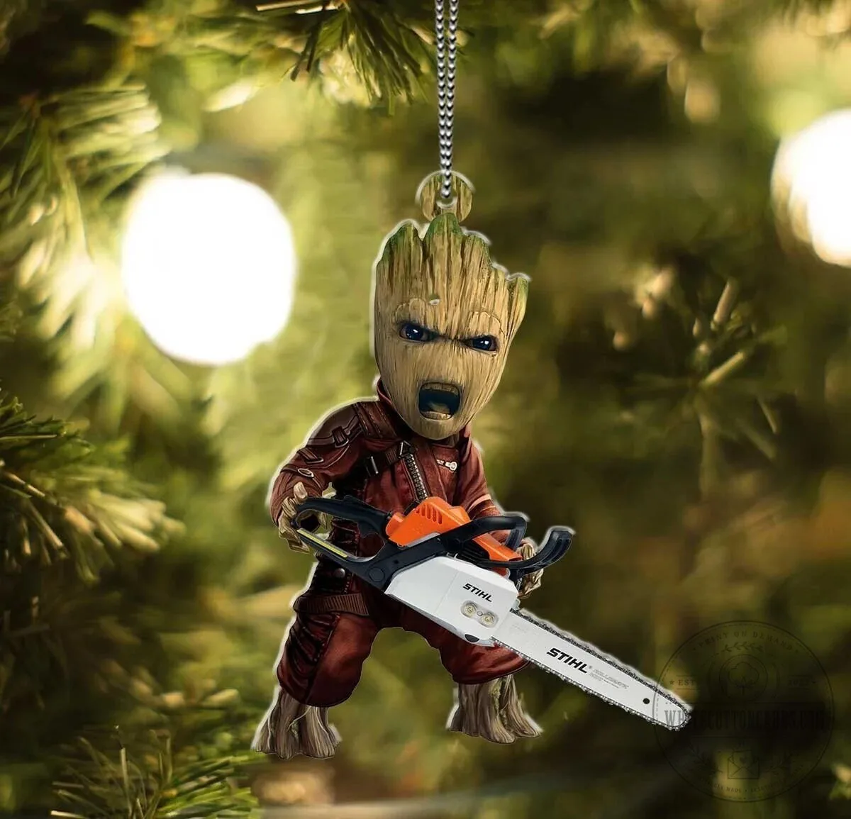 Christmas Tree Ornament featuring Baby Groot and a Chainsaw
