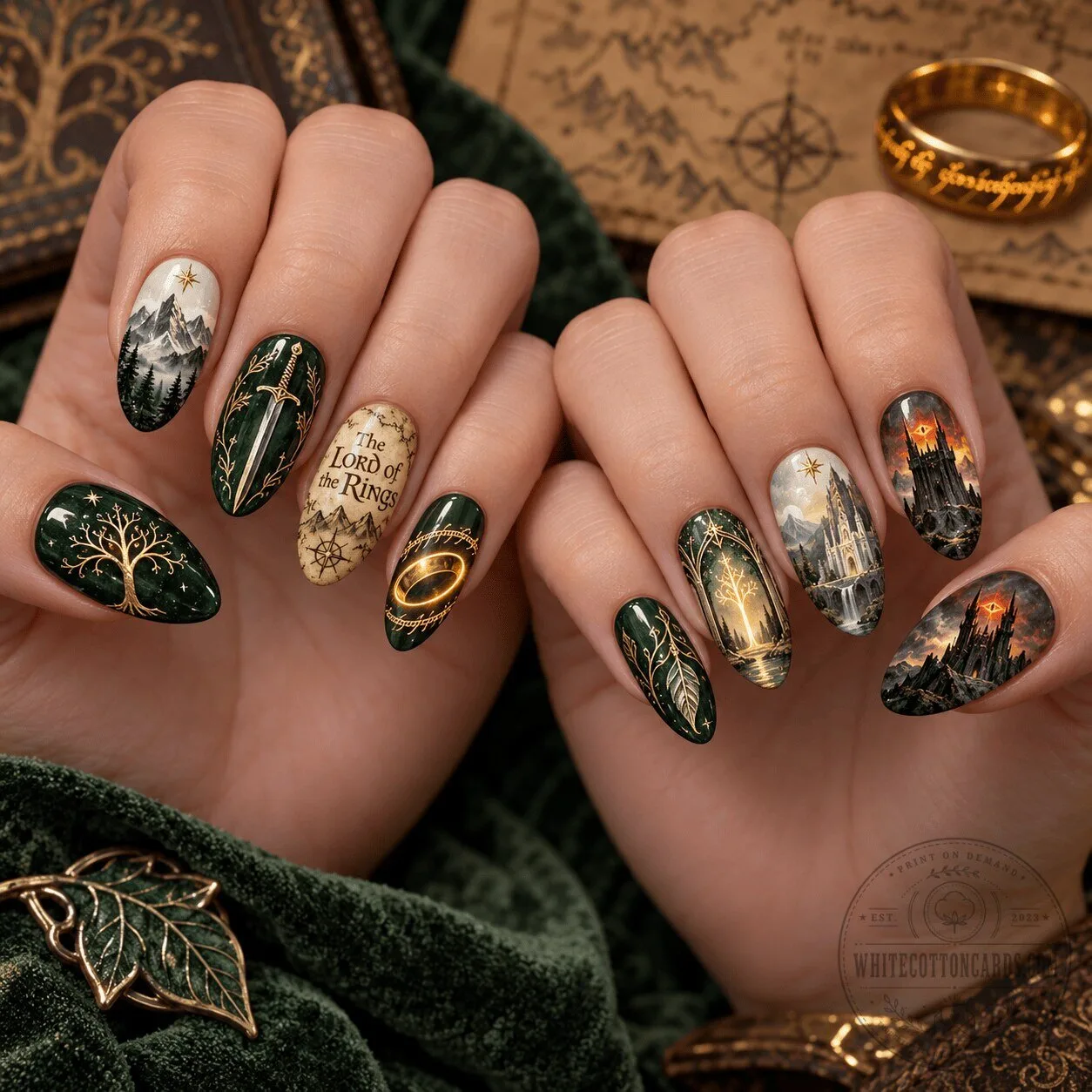 Fantasy Press On Nails Set Inspired by Elven Forest from Lord of the Rings 3 Fantasy Press On Nails Set Inspired by Elven Forest from Lord of the Rings