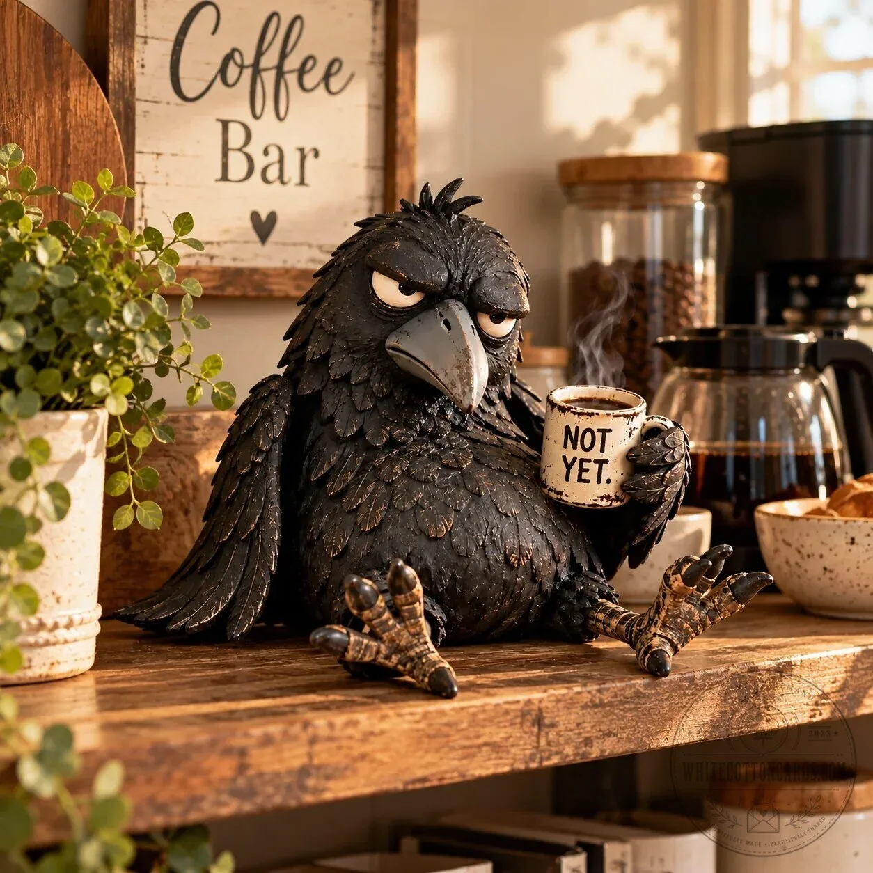 Grumpy Coffee Raven Figurine "Not Yet" Morning Decor Accent Statue 7 Grumpy Coffee Raven Figurine "Not Yet" Morning Decor Accent Statue