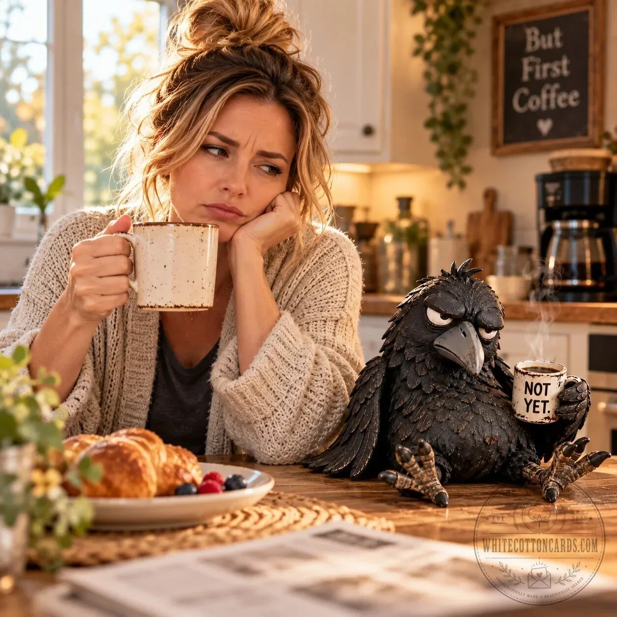 Grumpy Coffee Raven Figurine "Not Yet" Morning Decor Accent Statue 10 Grumpy Coffee Raven Figurine "Not Yet" Morning Decor Accent Statue