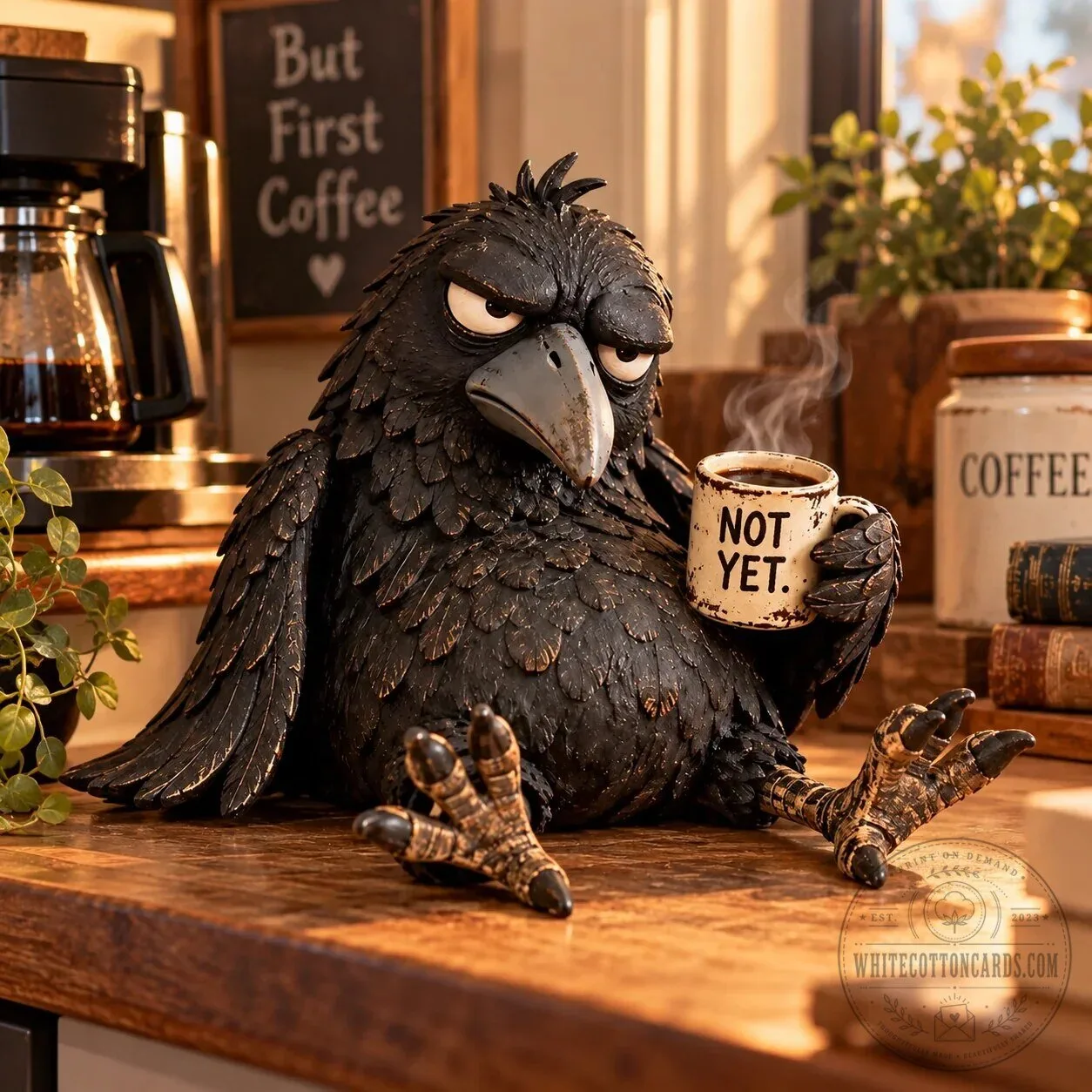 Grumpy Coffee Raven Figurine "Not Yet" Morning Decor Accent Statue 11 Grumpy Coffee Raven Figurine "Not Yet" Morning Decor Accent Statue