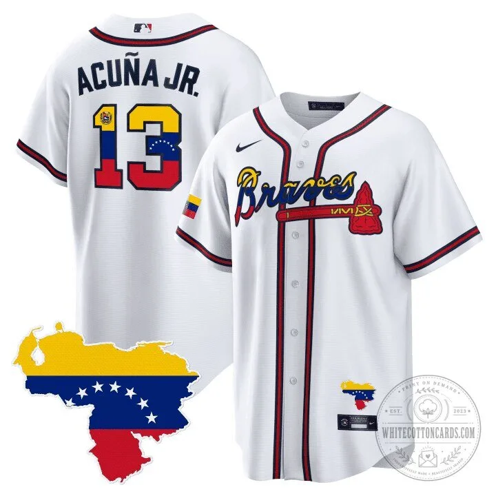 Ronald Acuña Jr. Atlanta Braves White Baseball Jersey with Stitched Design 7 Ronald Acuña Jr. Atlanta Braves White Baseball Jersey with Stitched Design