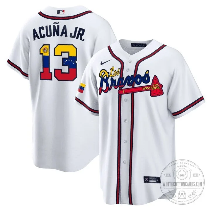 Ronald Acuña Jr. Atlanta Braves White Baseball Jersey with Stitched Design 8 Ronald Acuña Jr. Atlanta Braves White Baseball Jersey with Stitched Design