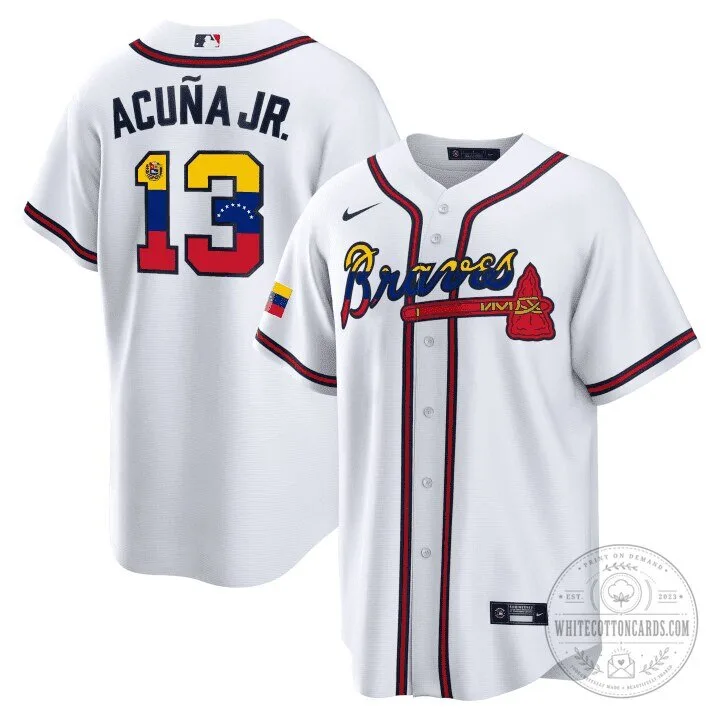 Ronald Acuña Jr. Atlanta Braves White Baseball Jersey with Stitched Design 9 Ronald Acuña Jr. Atlanta Braves White Baseball Jersey with Stitched Design