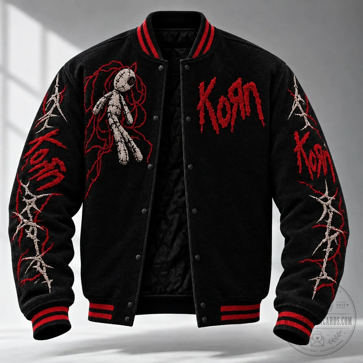 Korn Band Logo Embroidered Black Varsity Jacket with Voodoo Doll Design 3 Korn Band Logo Embroidered Black Varsity Jacket with Voodoo Doll Design