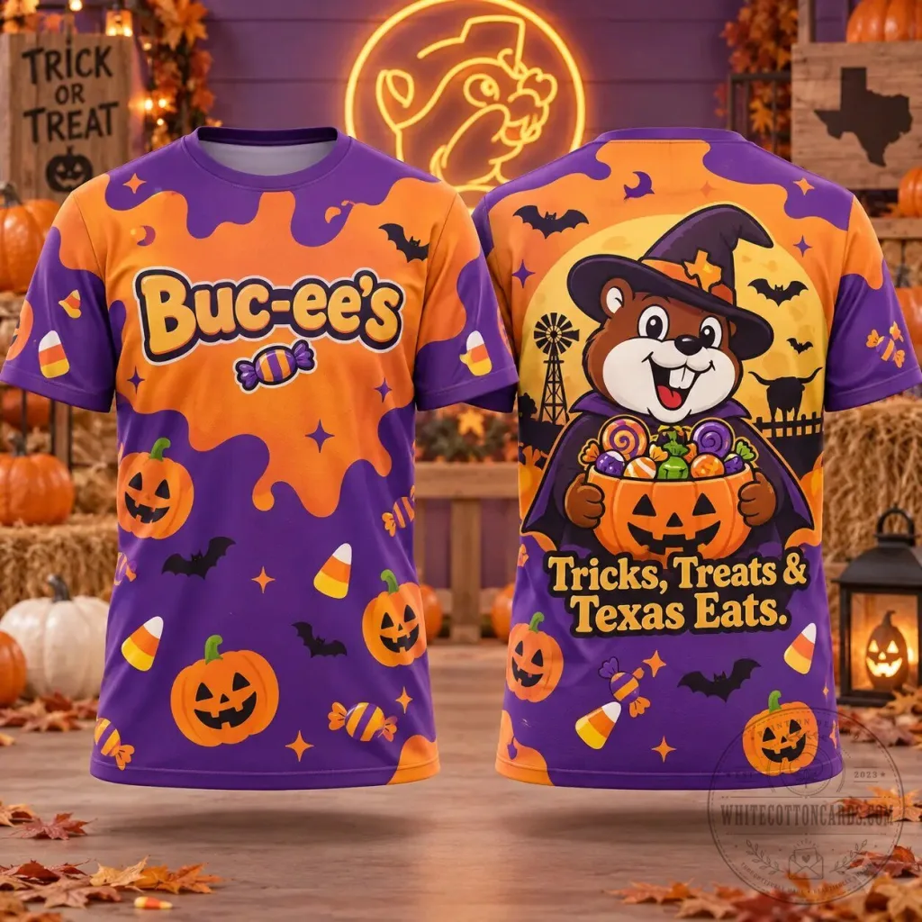 Buc-ee's Halloween Tricks Treats Texas Eats Orange Purple Candy Corn T-Shirt Buc-ee's Halloween Tricks Treats Texas Eats Orange Purple Candy Corn T-Shirt