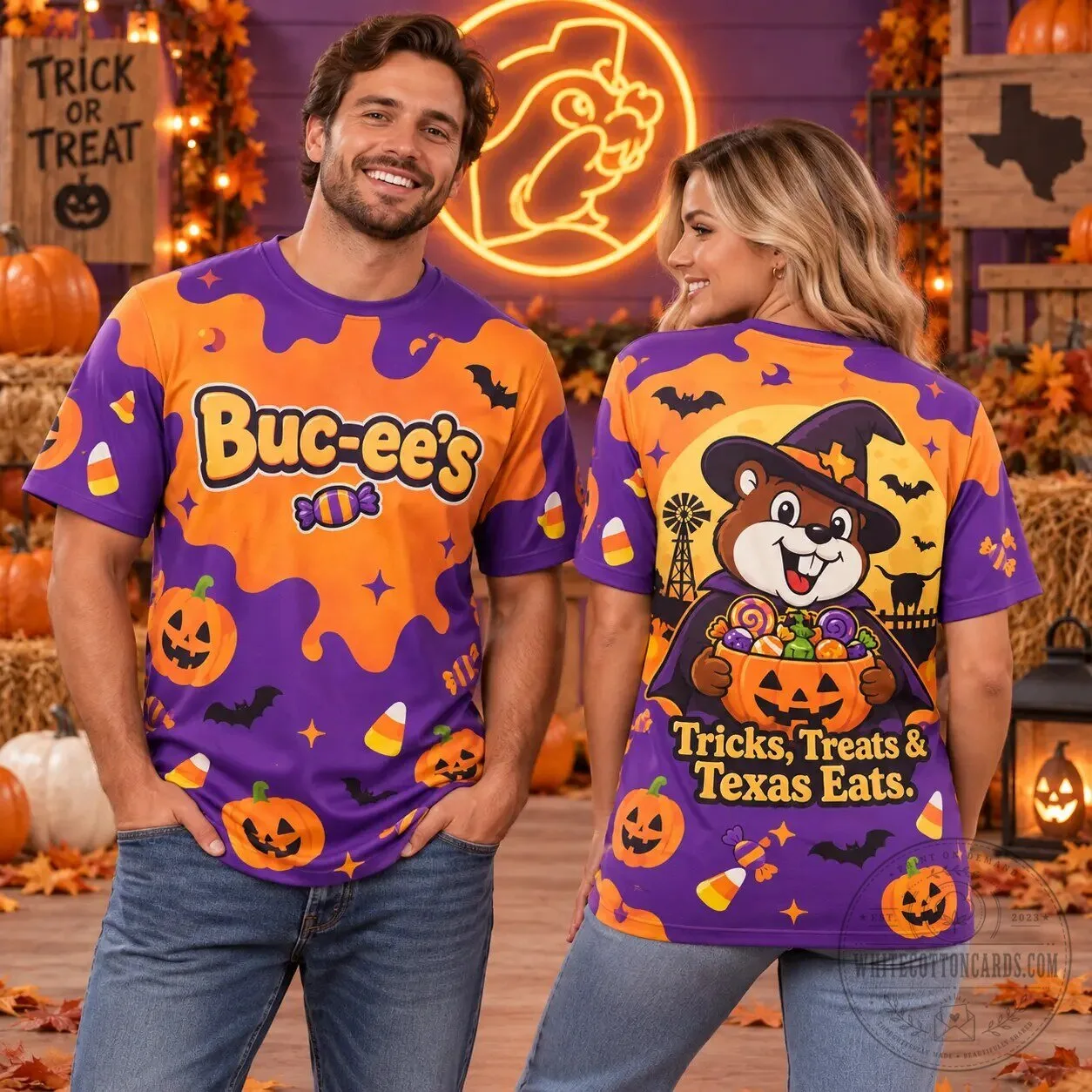 Buc-ee's Halloween Tricks Treats Texas Eats Orange Purple Candy Corn T-Shirt 7 Buc-ee
