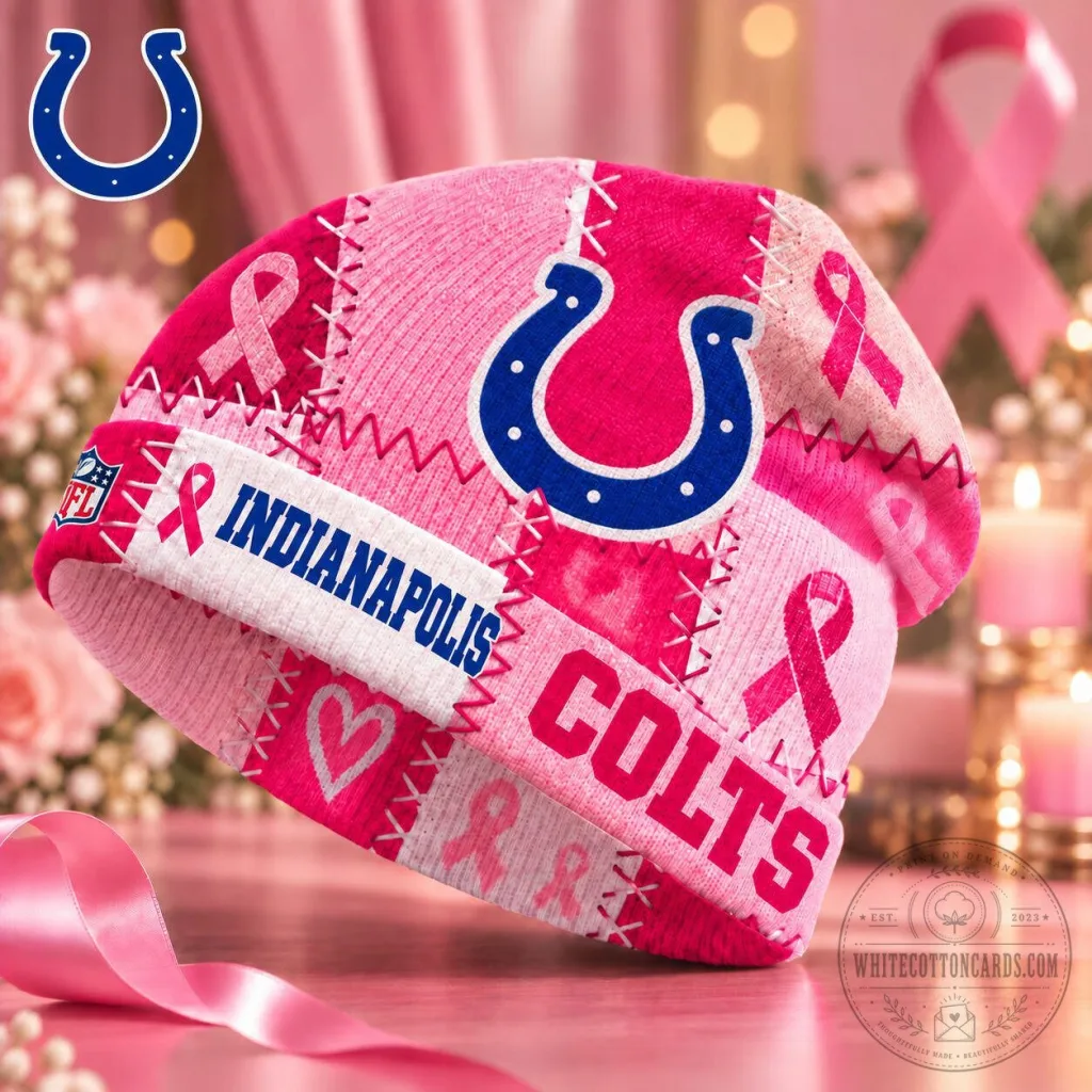 Indianapolis Colts NFL Breast Cancer Awareness Pink Ribbon Patchwork Beanie Hat Indianapolis Colts NFL Breast Cancer Awareness Pink Ribbon Patchwork Beanie Hat