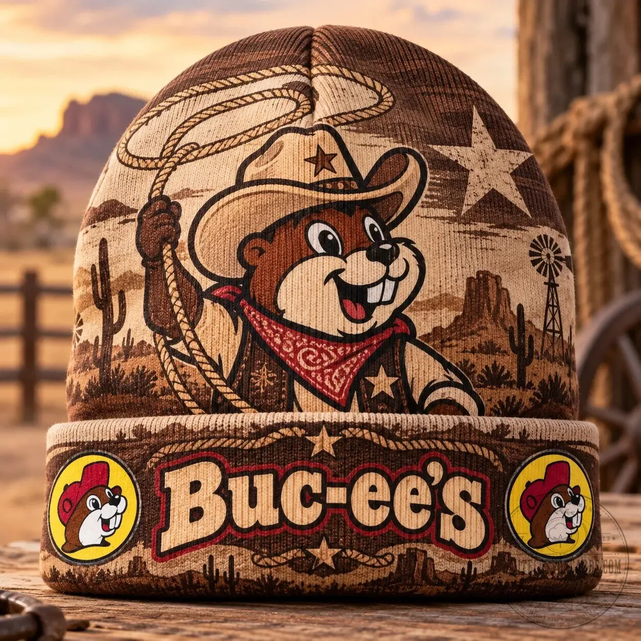 Buc-ee's Cowboy Beaver Lasso Desert Landscape Knit Beanie Cap Hat 1 Buc-ee's Cowboy Beaver Lasso Desert Landscape Knit Beanie Cap Hat