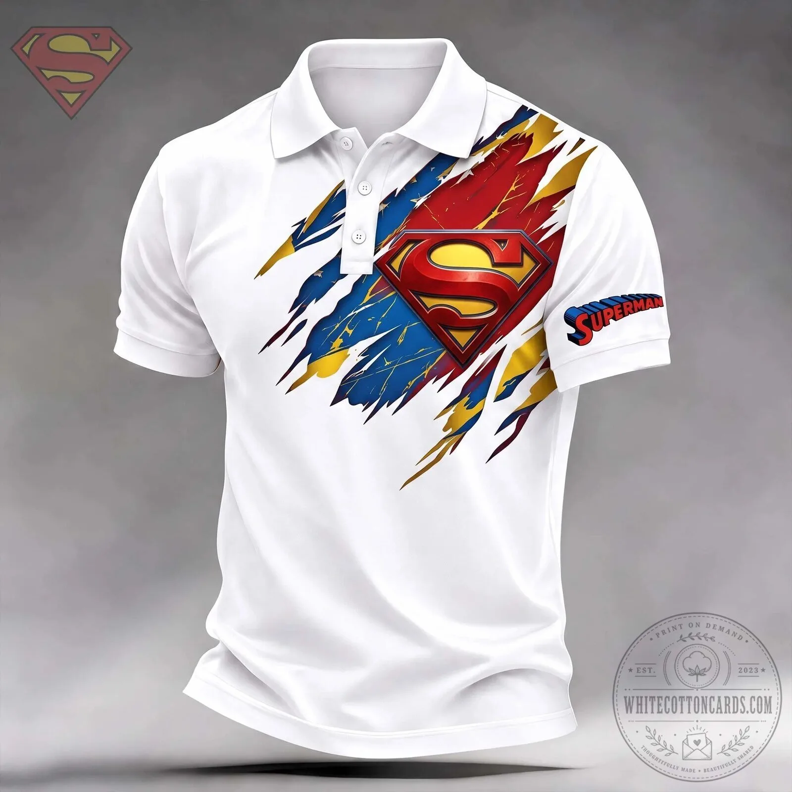 Superman Logo Distressed Style Red Blue Yellow Graphic Print Polo Shirt 1 Superman Logo Distressed Style Red Blue Yellow Graphic Print Polo Shirt